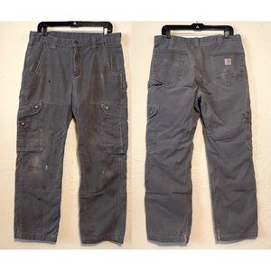 Carhartt Flannel lined Utility Cargo Pants Double Knee Gray Wash 33”x30”